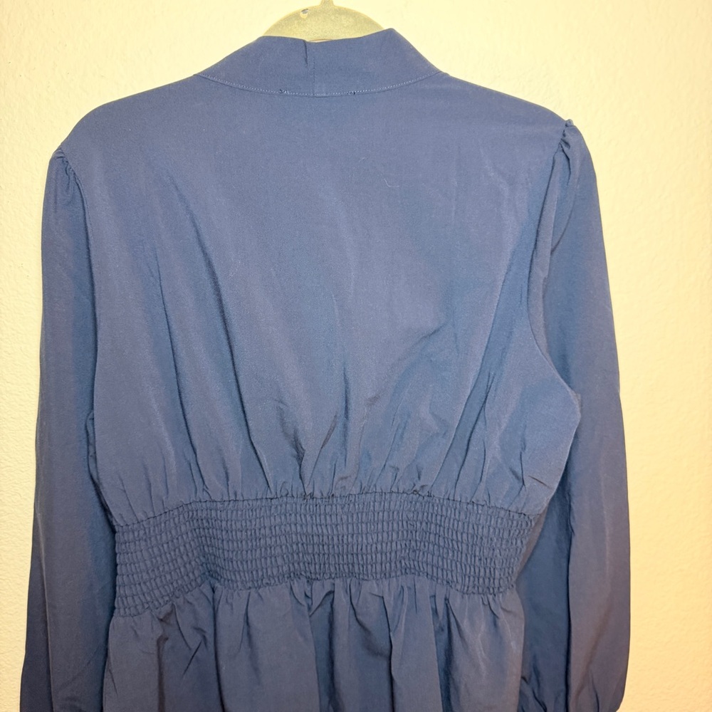 Navy Tie Neck Blouse XL Office Siren Career Staple Workwear Chic Feminine Top‎ - Picture 2 of 11